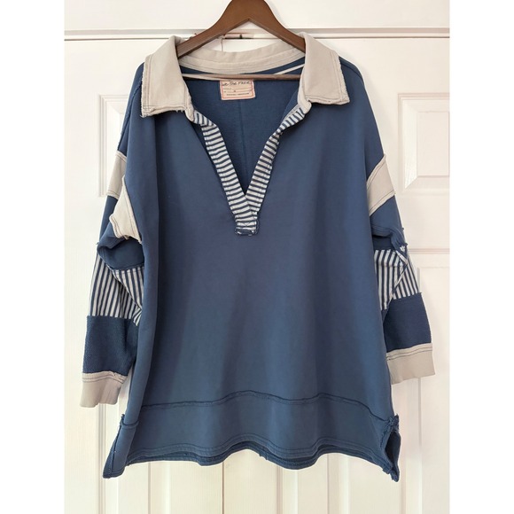 Free People Tops - Free People We The Free Blue Monday Rugby Pullover Mixed Media Sweatshirt M
